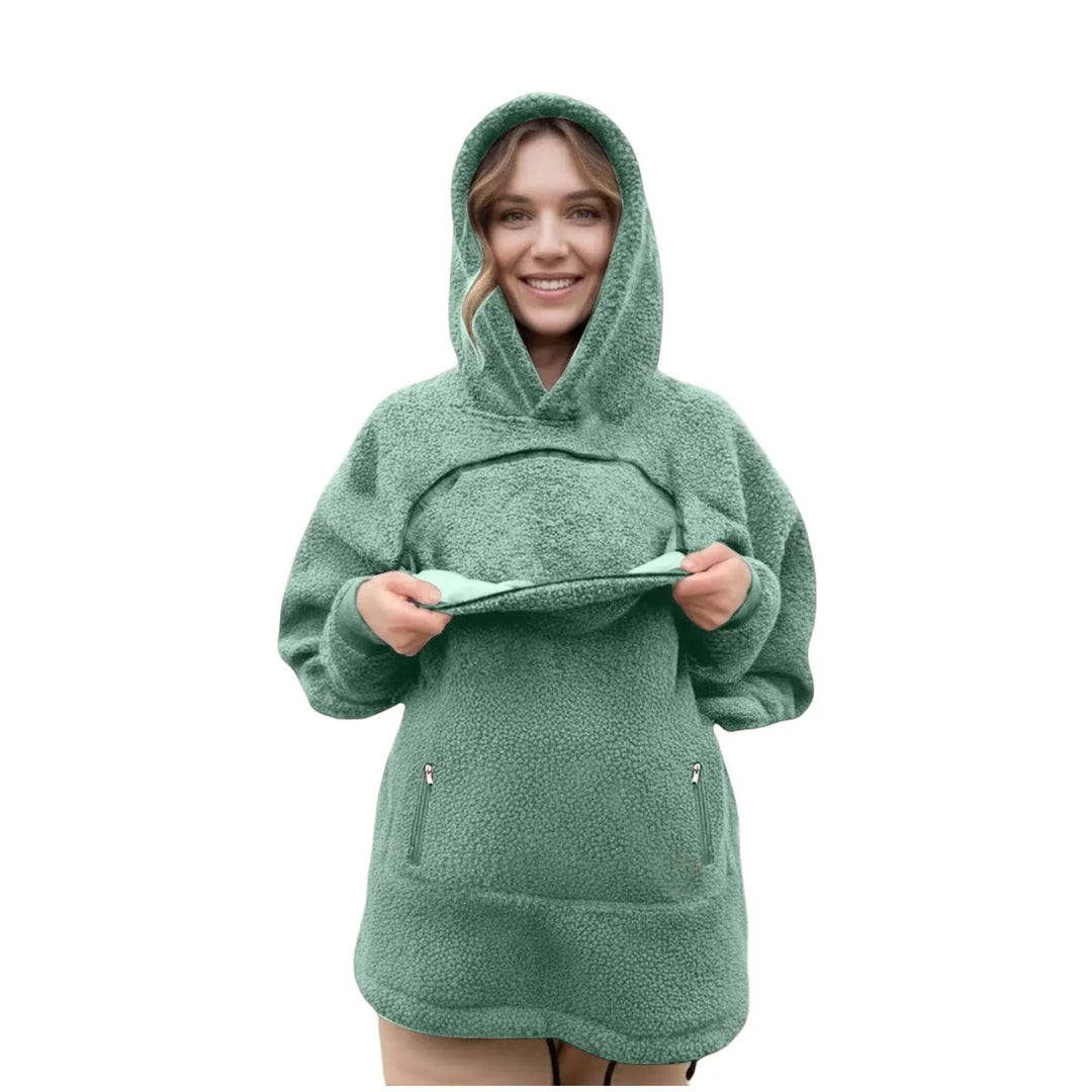 Sage sherpa hoodie with the zip-top front pouch opened