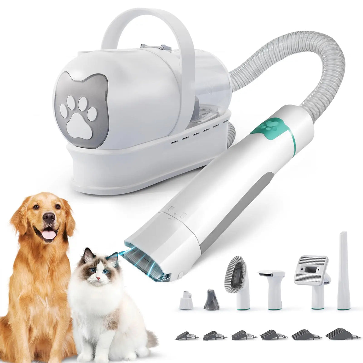 The full kit: vacuum unit with hose, clipper, six heads and six guide combs