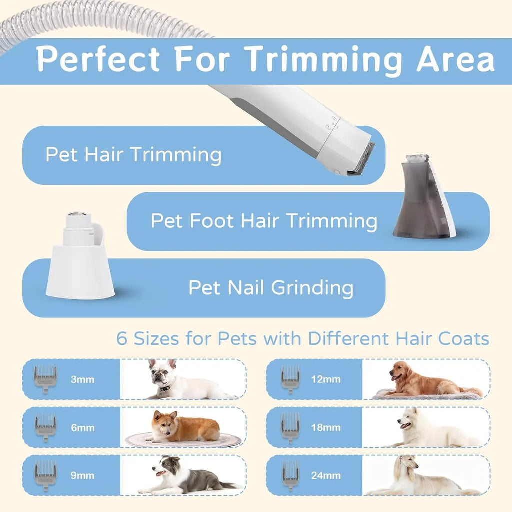 Clipper, paw trimmer and nail grinder heads, and the six guide combs from 3 to 24 mm