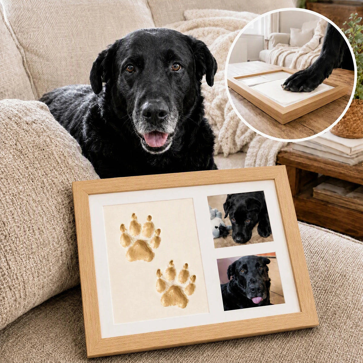 Black Lab next to a natural wood frame with its painted gold paw prints and two photos