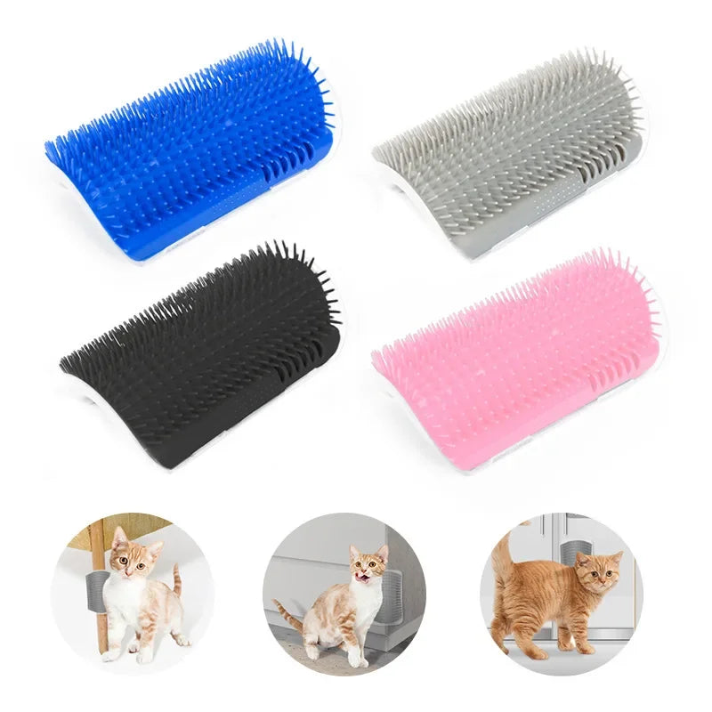 The groomer in blue, gray, black and pink, with kittens using it
