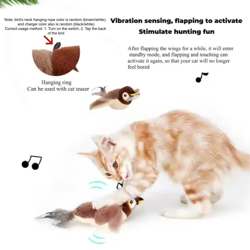Tabby and white cat swatting the sparrow, close-up of the loop on its neck