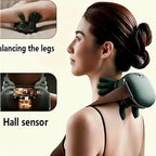 The massager worn on the shoulders and resting under a leg
