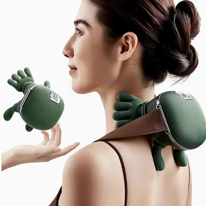 The massager worn across a person's shoulders