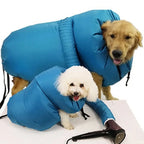 Golden retriever and white poodle in two sizes of the blue drying bag