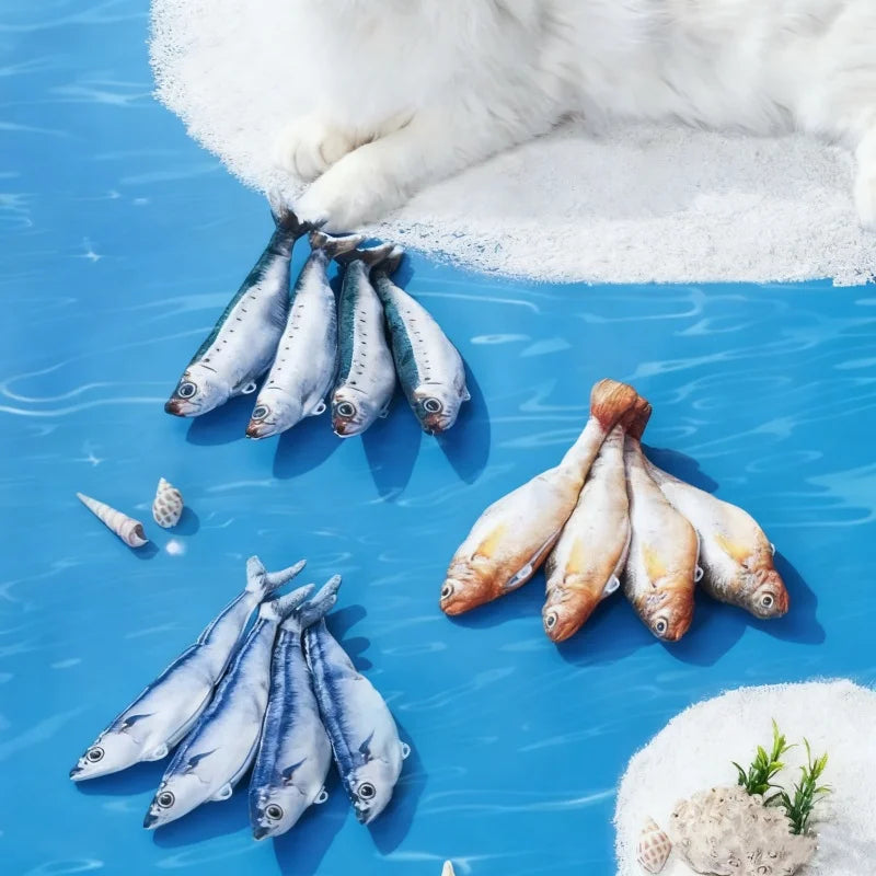 A dozen plush fish laid out on a blue water-print floor