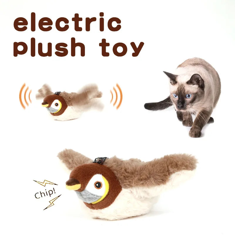 Siamese cat creeping up on the sparrow toy while its wings flap