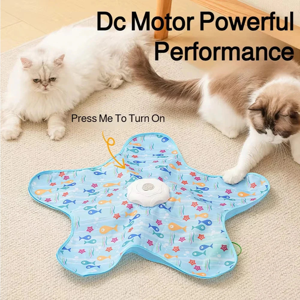 White Persian and ragdoll cats pawing at the moving bump, arrow to the start button