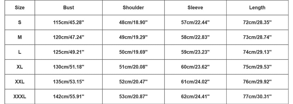 Size chart: bust, shoulder, sleeve and length from S to 3XL