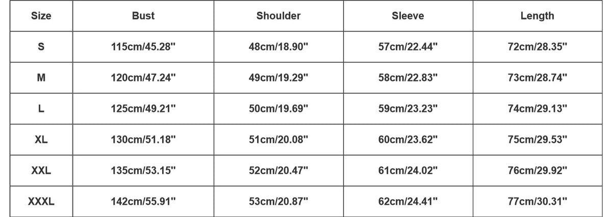 Size chart: bust, shoulder, sleeve and length from S to 3XL