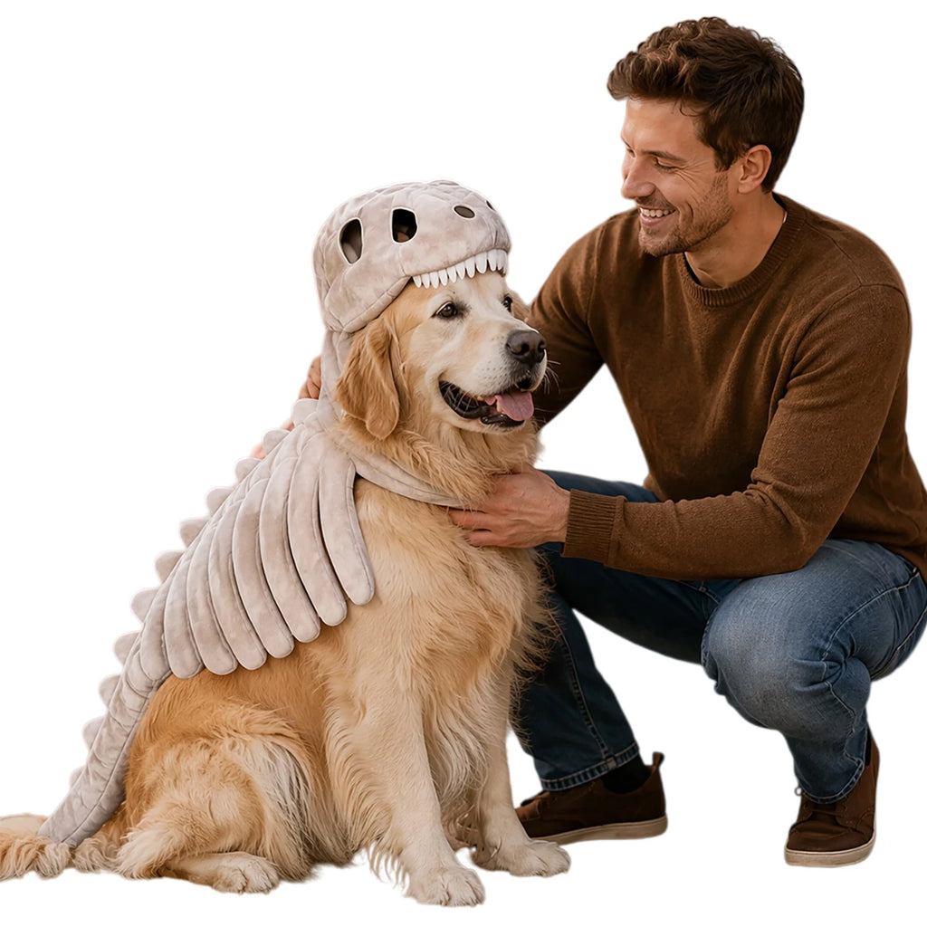 Golden retriever in the costume next to its owner