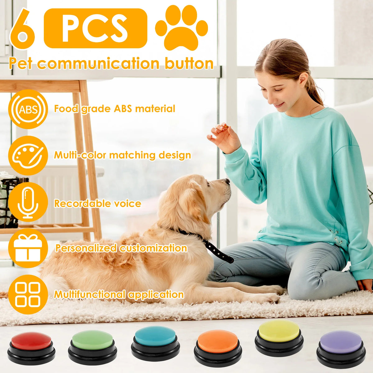 Girl and a golden retriever with the 6-button set