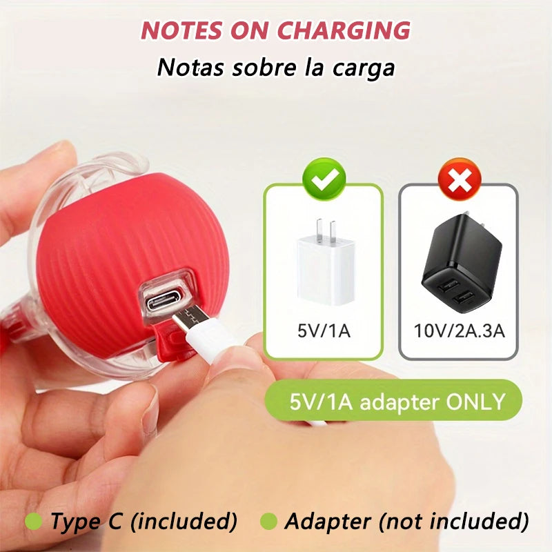 Charging note: use a 5V/1A adapter with the included USB-C cable