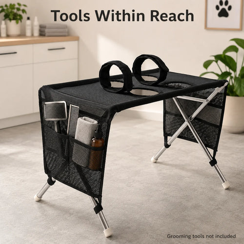 The empty stand with its two straps, leg holes and a side pocket holding a brush, comb and towel