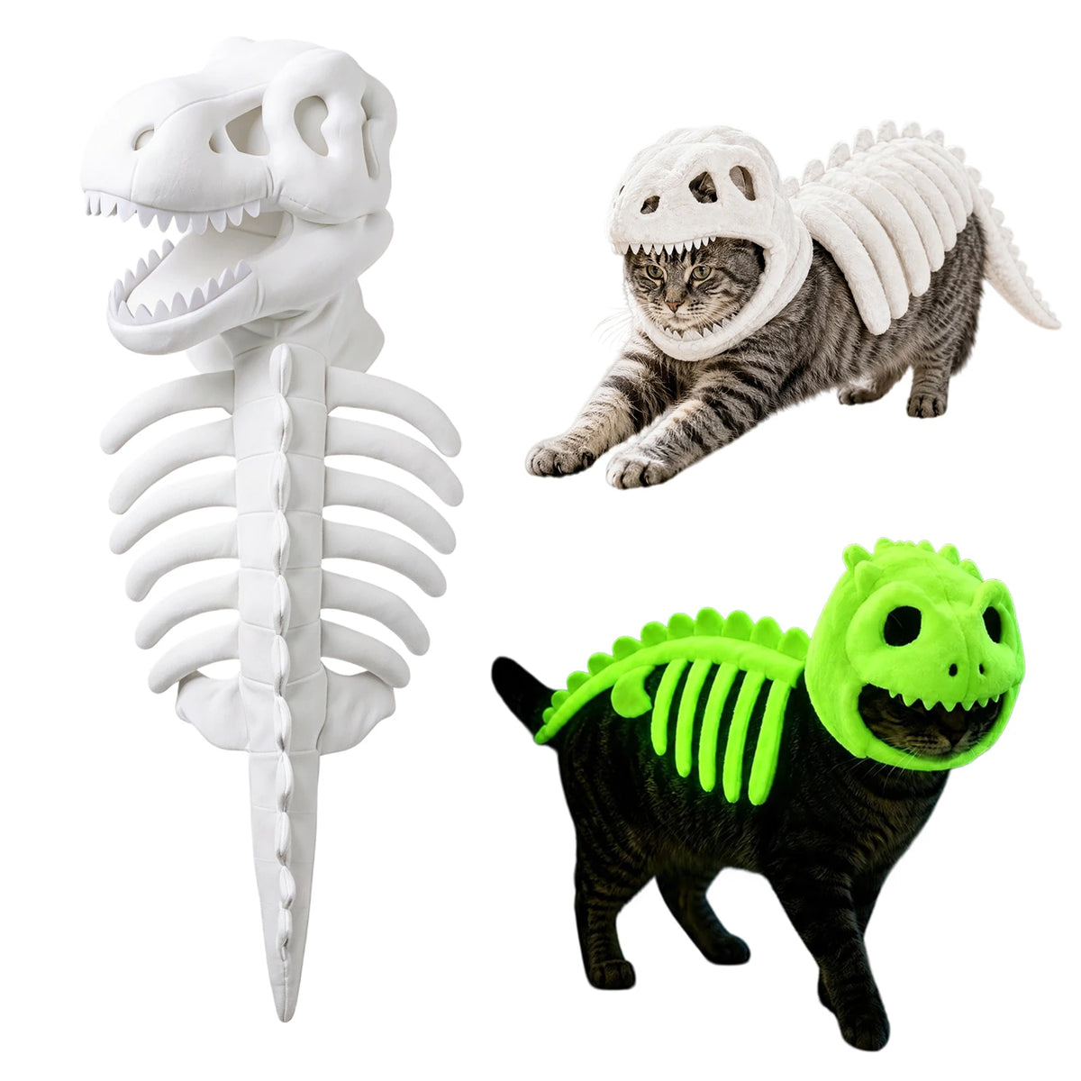 The costume laid flat, and a cat wearing the white and the glow versions