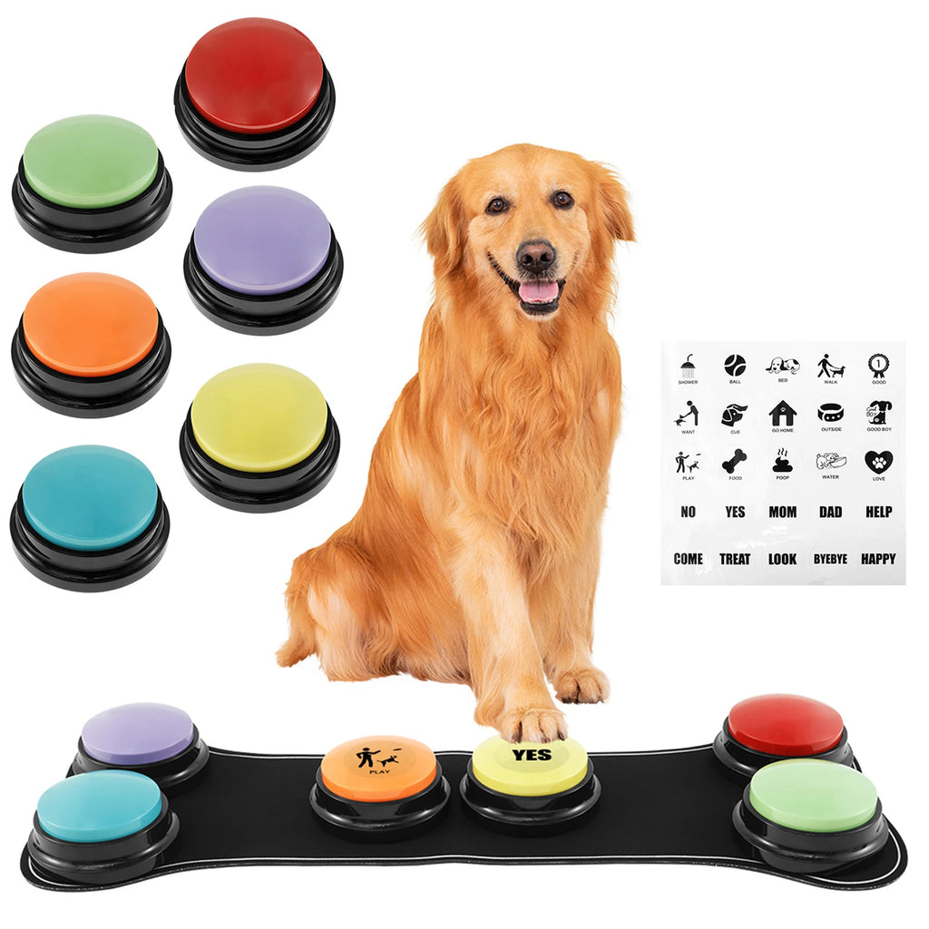 Golden retriever with six buttons, and word stickers like outside, treat and play