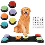 Golden retriever with six buttons, and word stickers like outside, treat and play