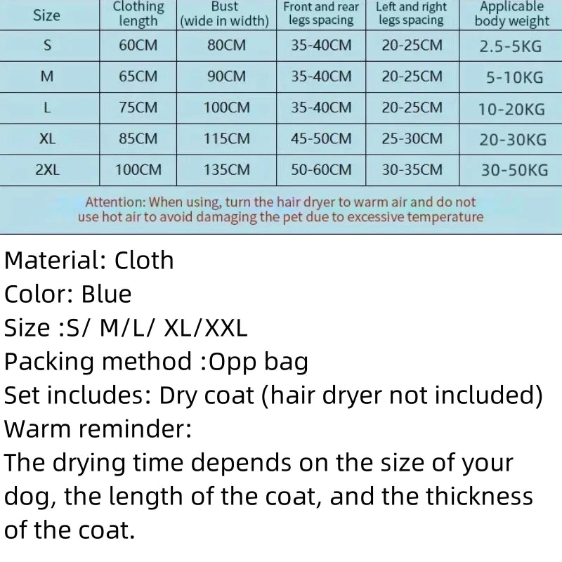 Size chart from S to XXL by length, chest and body weight, 2.5 to 50 kg