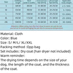 Size chart from S to XXL by length, chest and body weight, 2.5 to 50 kg