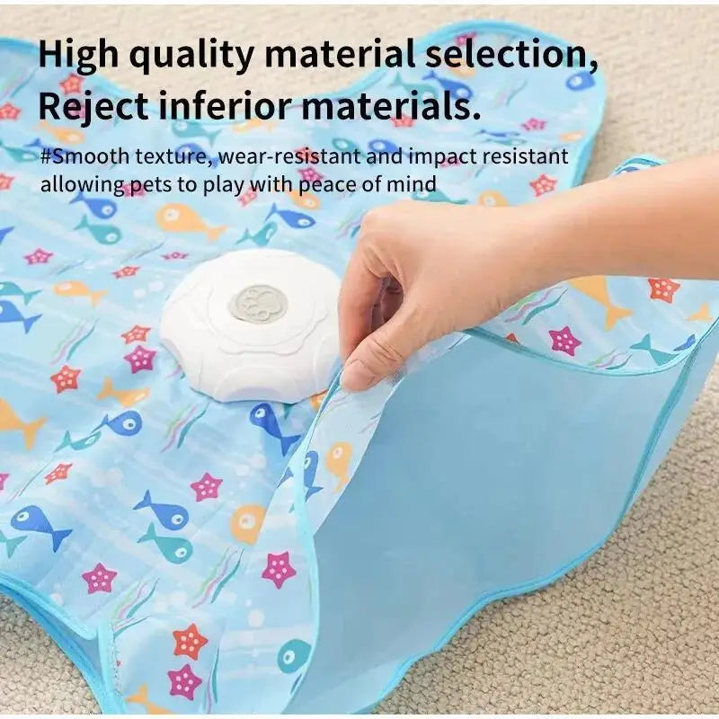 Hand lifting the cover to show the white base and its paw-print button