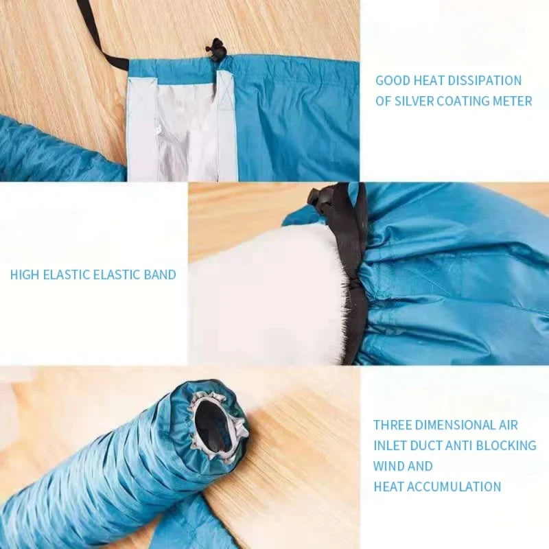 Close-ups of the silver-coated lining, the elastic neck and the hose opening