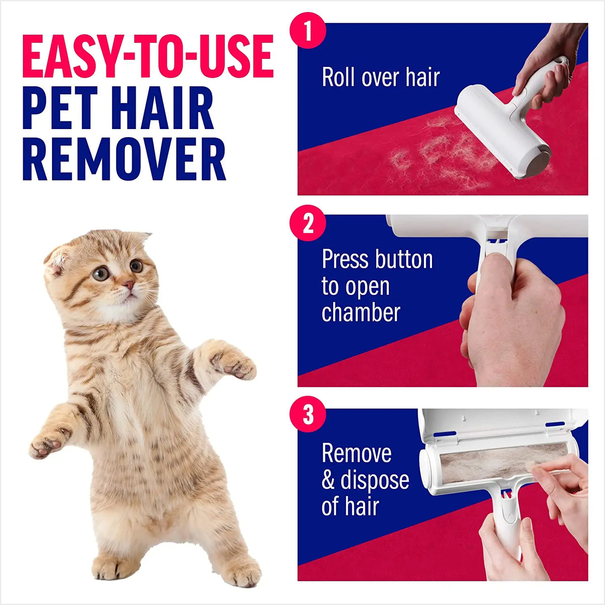 Three steps: roll over the hair, press the button, empty the chamber