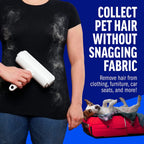 Woman in a fur-covered black tee holding the roller, a Jack Russell on a suitcase
