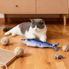 Grey and white cat pawing the blue saury toy on a wood floor