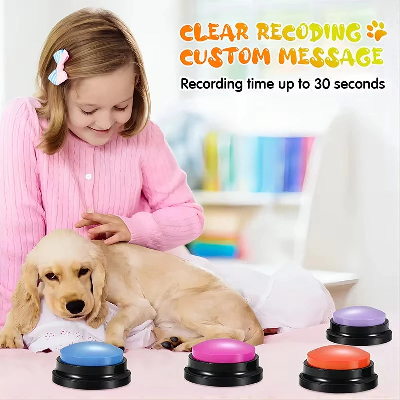 Girl petting a cocker spaniel puppy beside four buttons, up to 30 seconds per recording