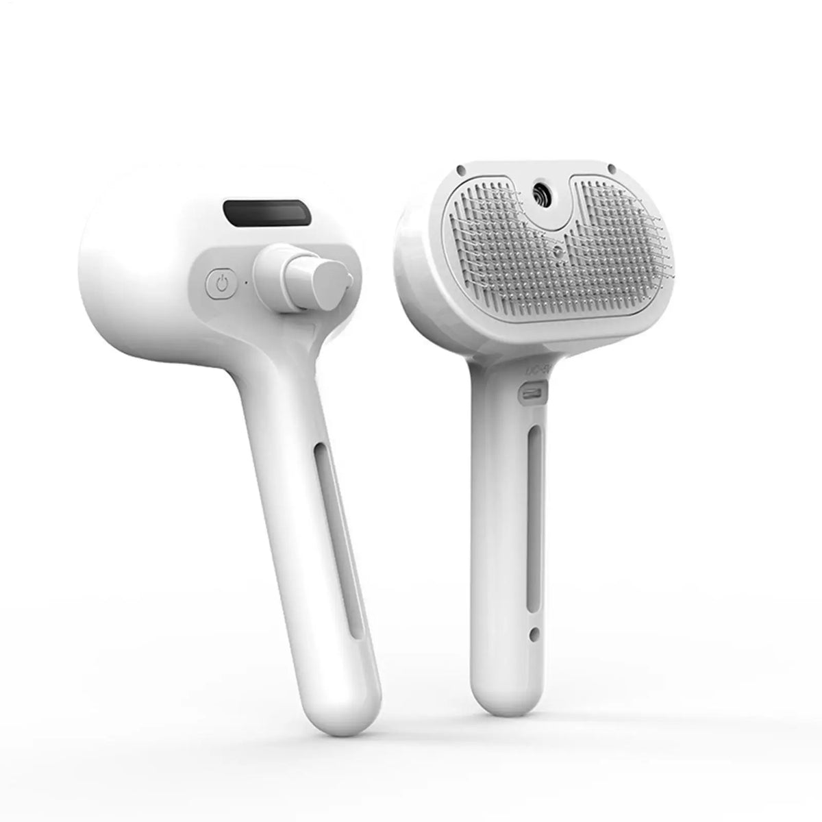 Front and back of the white brush: pin pad with a mist nozzle, power button and charging port