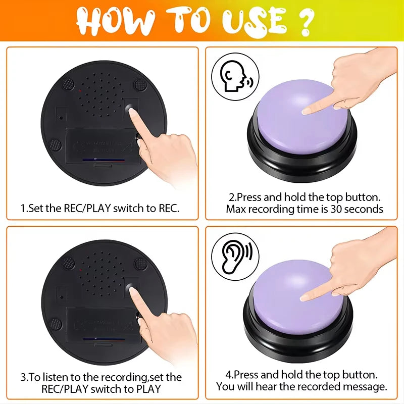 How to record: switch to REC, hold the top for up to 30 seconds, switch to PLAY