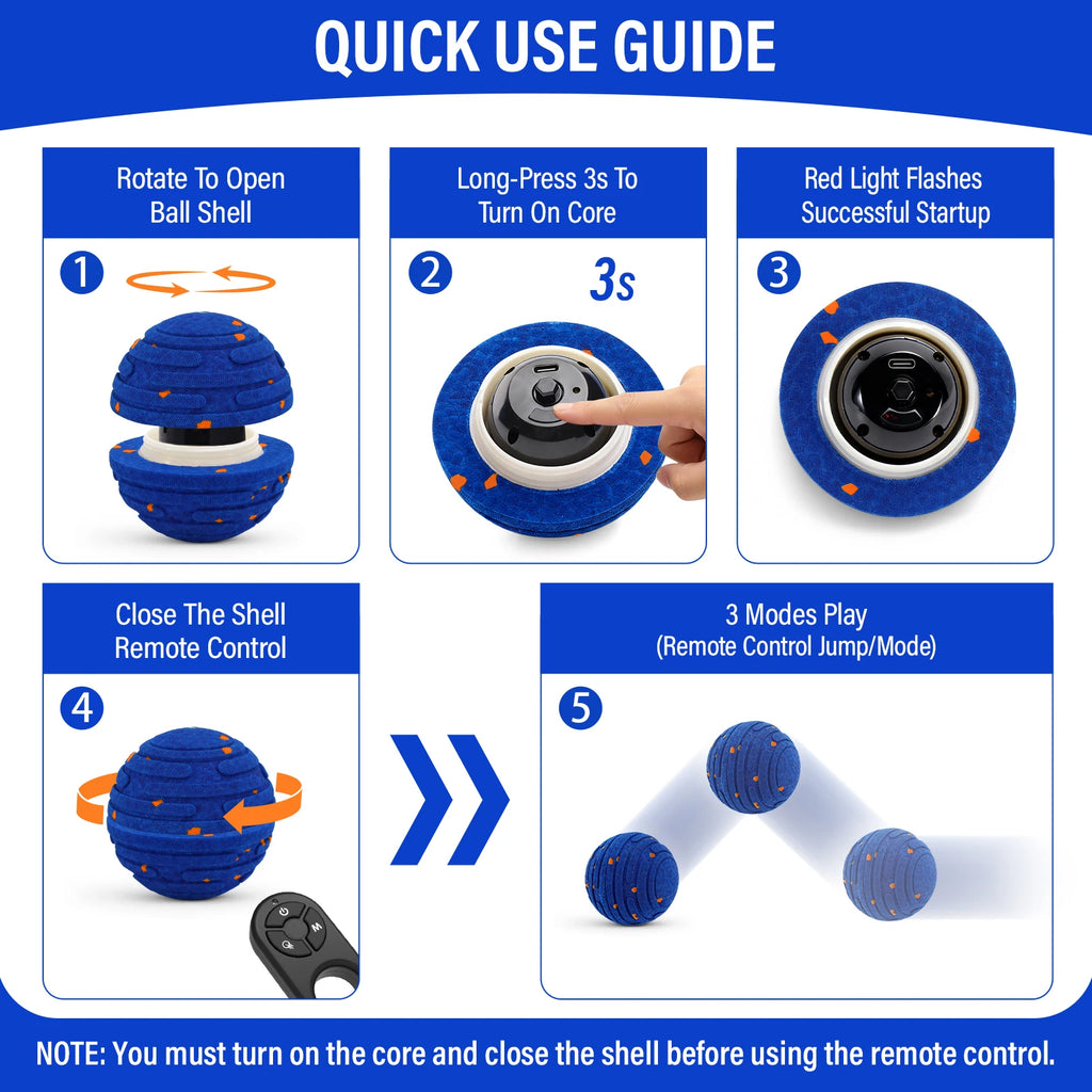 Quick start: open the shell, hold the core button 3 seconds, close the shell, use the remote