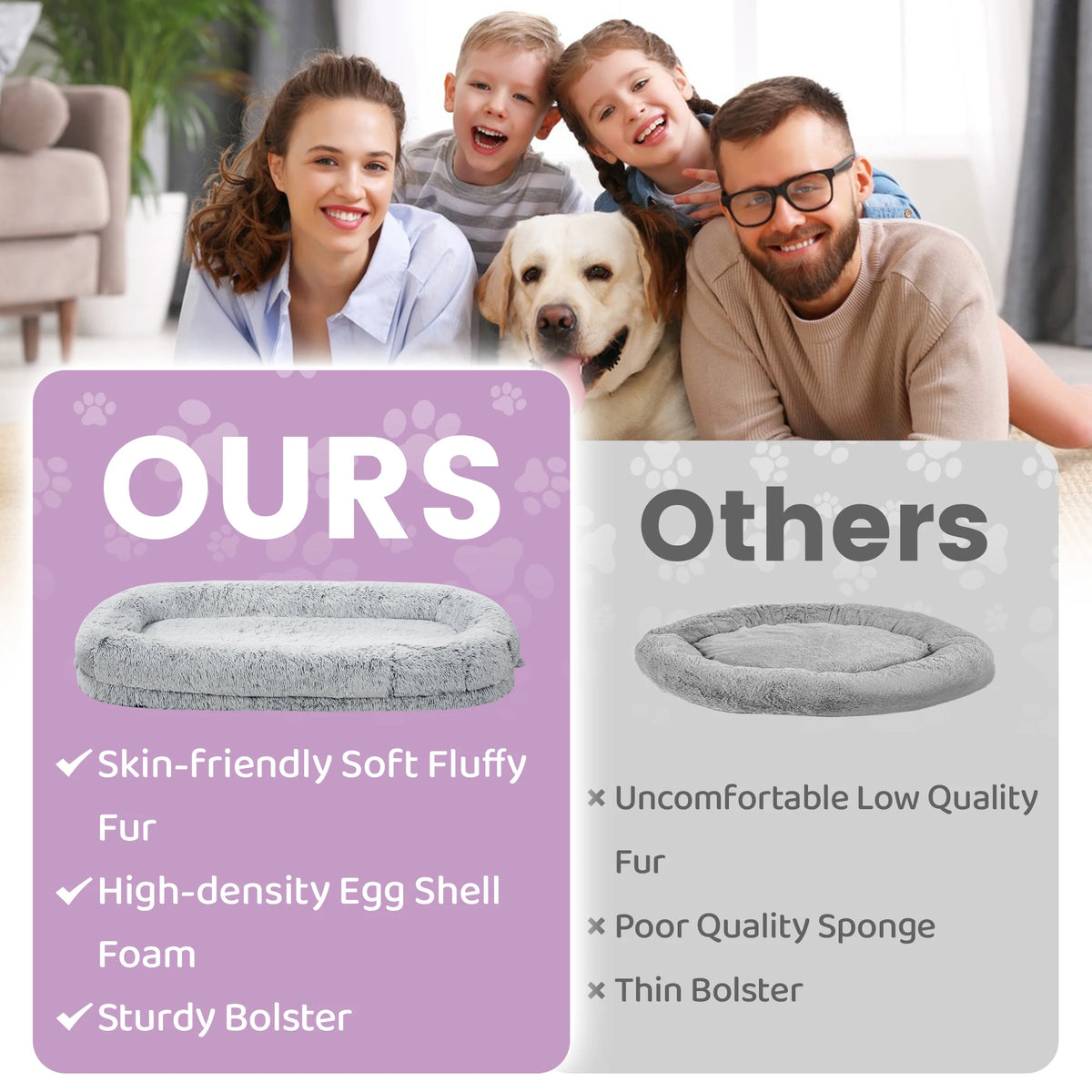 Family and a yellow Lab in the shag bed, next to a thin round pet bed