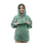 Sage sherpa hoodie with the zip-top front pouch opened