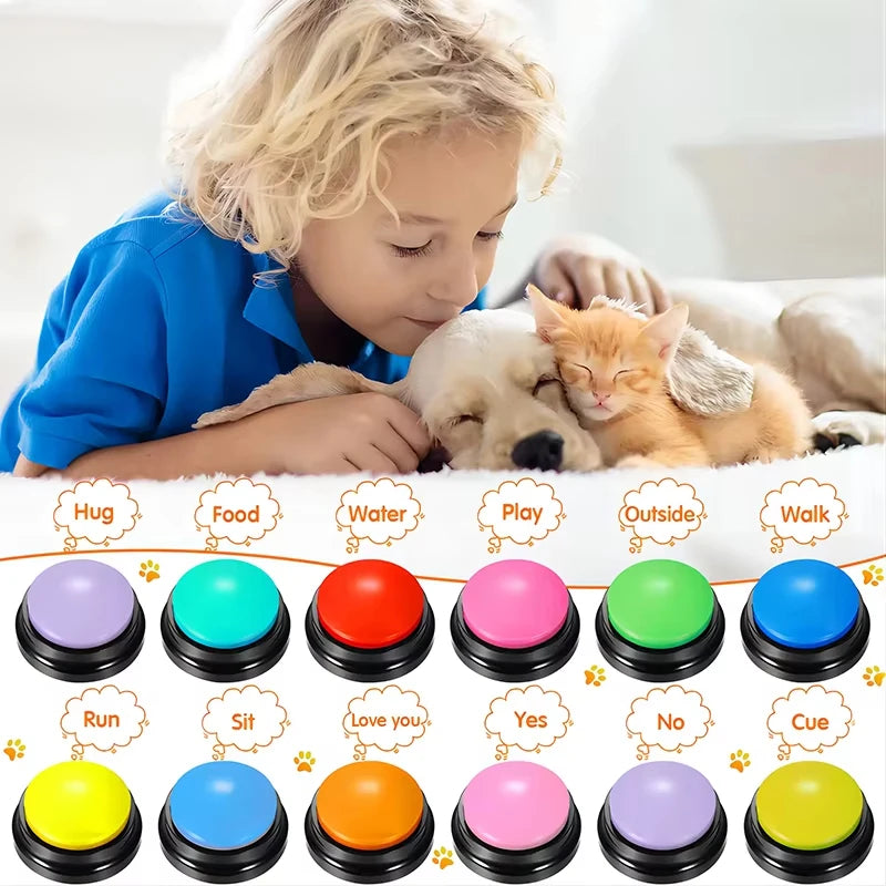 Child hugging a dog and a kitten, with word labels over twelve buttons
