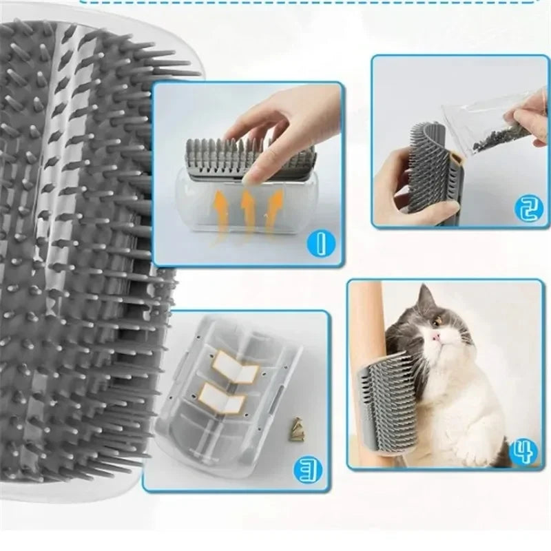 Four steps: lift off the bristle pad, add catnip, fix the base with pads or screws, let the cat rub