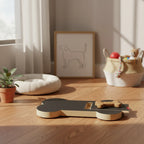 The board on a wooden floor with a treat on the open drawer