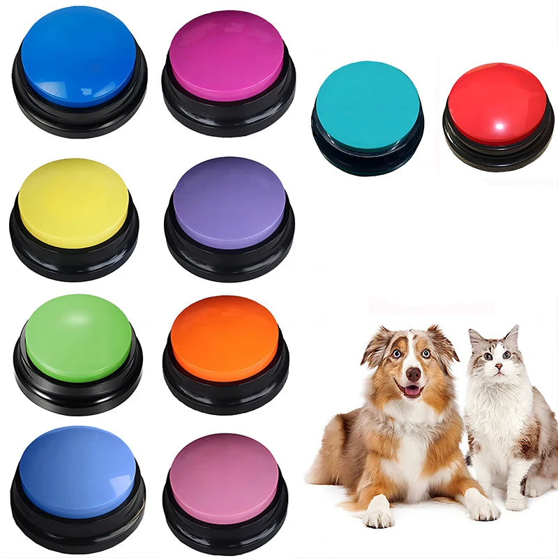 Ten buttons in different colors, with a dog and a cat