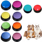 Ten buttons in different colors, with a dog and a cat