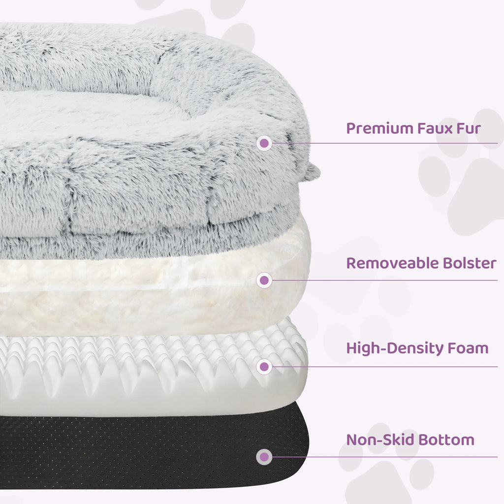 Layers of the bed: faux-fur cover, removable cushion rim, egg-crate foam and non-slip bottom