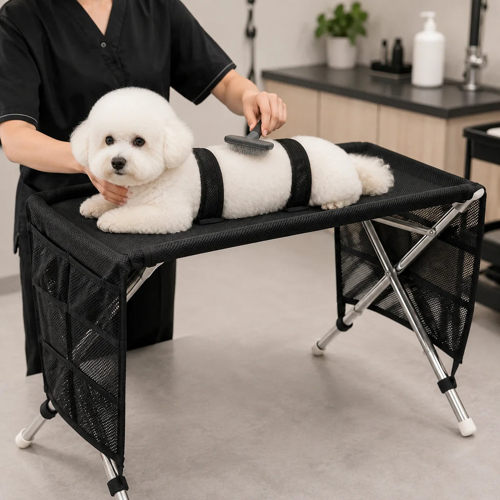 White bichon on the stand being brushed by a groomer