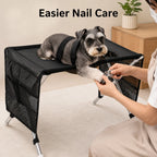 Miniature schnauzer on the mesh stand with a paw through the edge while its nails are trimmed