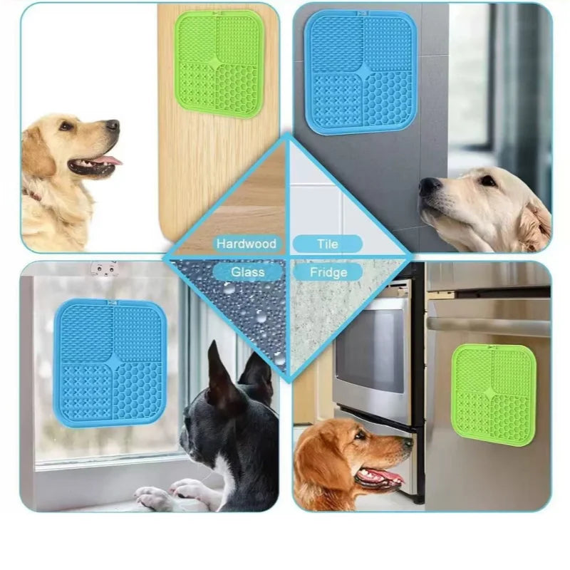 Lick mats stuck to a wood floor, a fridge, window glass and a steel appliance, dogs licking