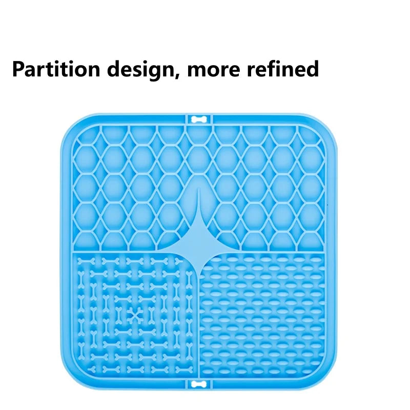 Blue lick mat from above: hexagons, a bone maze and bumps around a star-shaped center