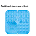 Blue lick mat from above: hexagons, a bone maze and bumps around a star-shaped center