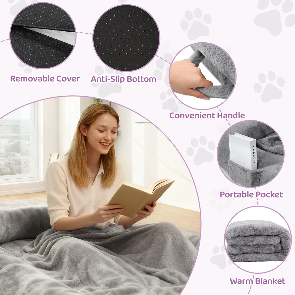 Woman reading in the bed, with close-ups of the removable cover, non-slip bottom, handle and side pocket