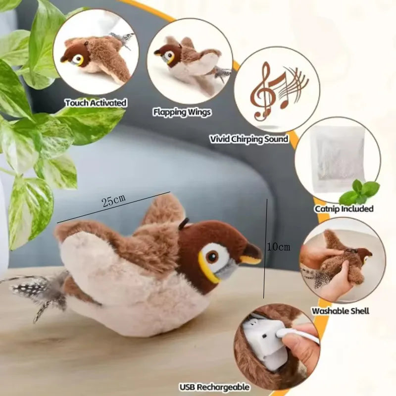 The sparrow on a table, 25 cm across and 10 cm tall, with the catnip pouch and USB charging shown