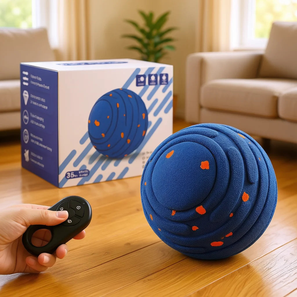 Blue textured dog ball on a wood floor, with its remote