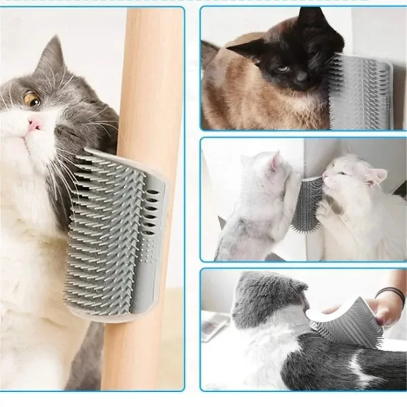 Cats using the gray groomer on a table leg and in wall corners