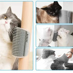 Cats using the gray groomer on a table leg and in wall corners